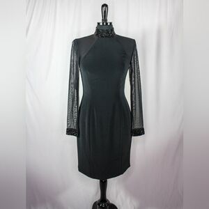 Vintage Oleg Cassini Black Tie Dress Beaded High Collar Cuffs Sheer Back Arms Re